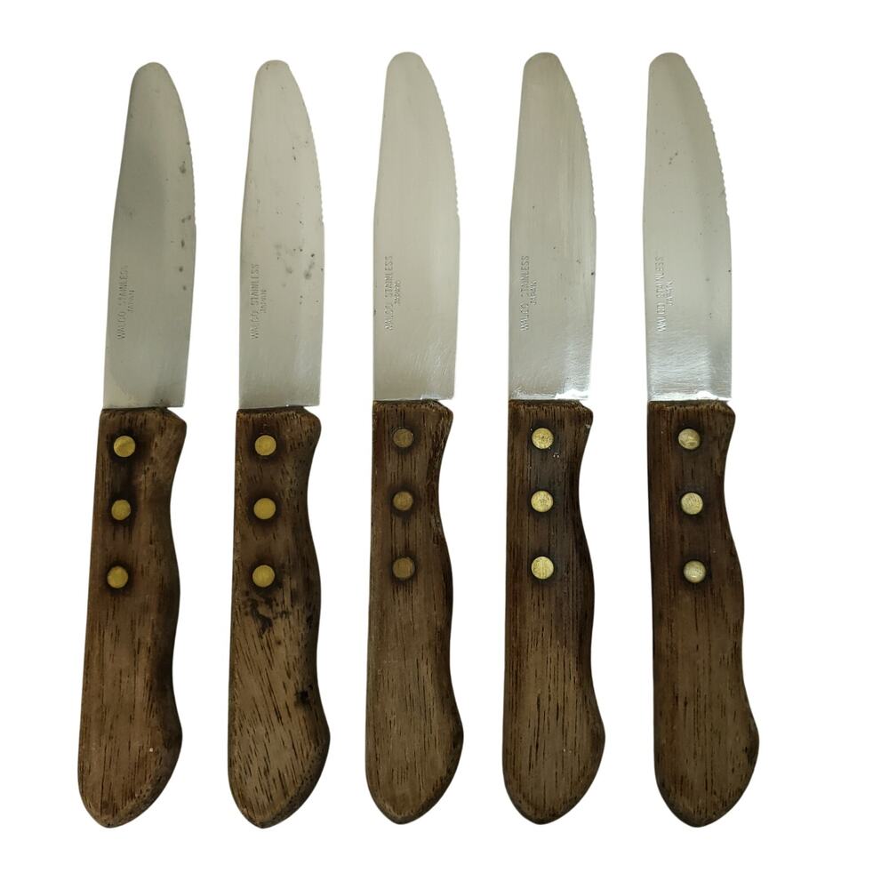 Set of 5 Walco Stainless Serrated Steak Knives Meat Dinner BBQ Wood Handles